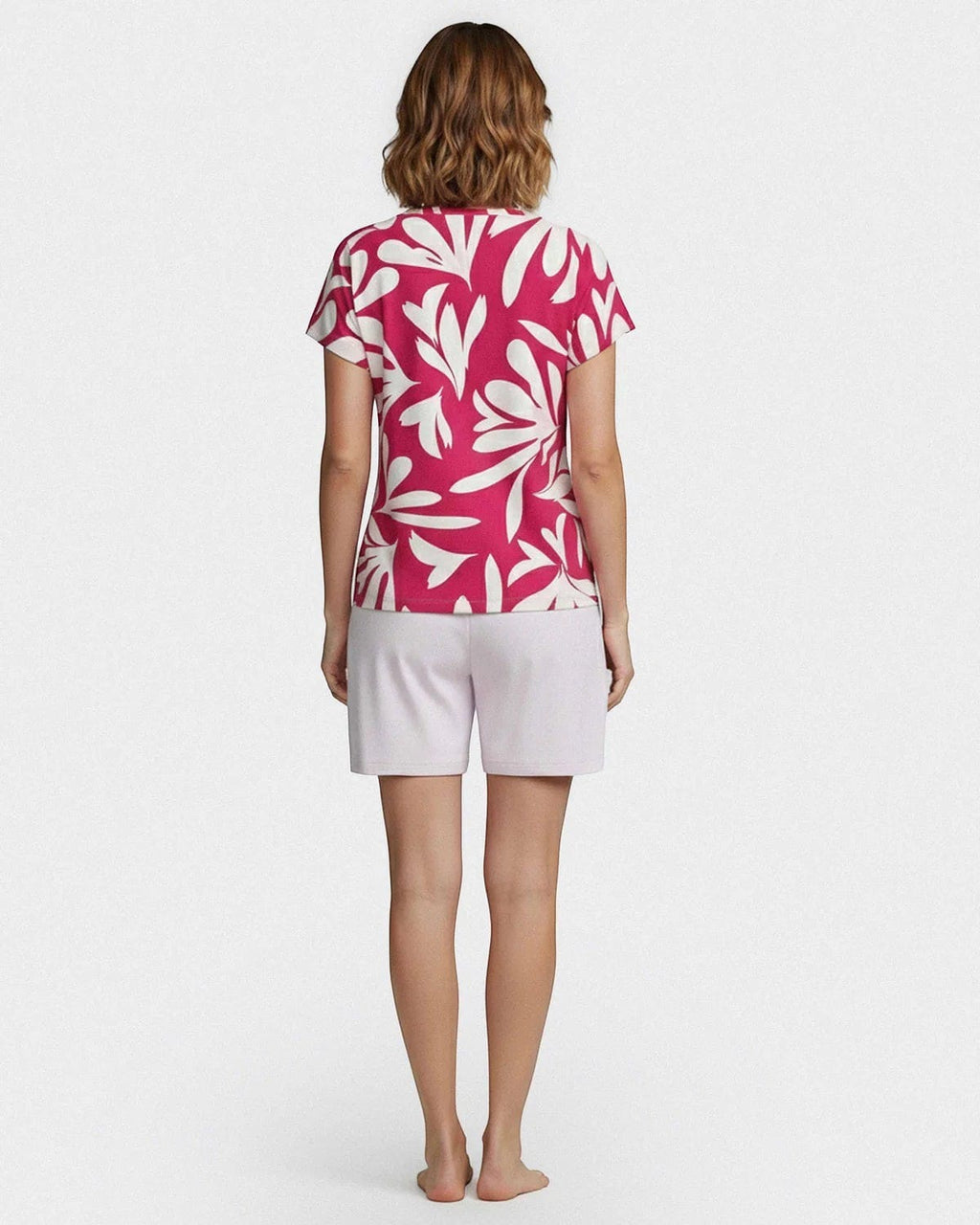 Maison Sarava women's pink floral print lyocell short sleeve top and light purple shorts lounge set.