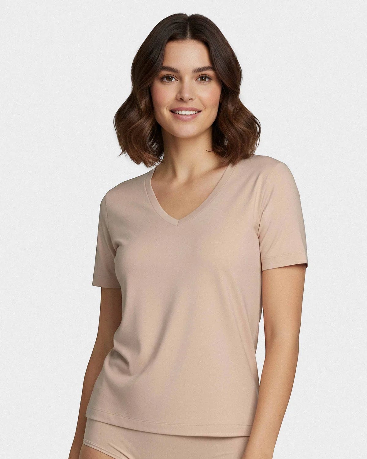 Maison Sarava women's soft premium T-shirt in beige, made from TENCEL Lyocell with a V-neck and short sleeves.