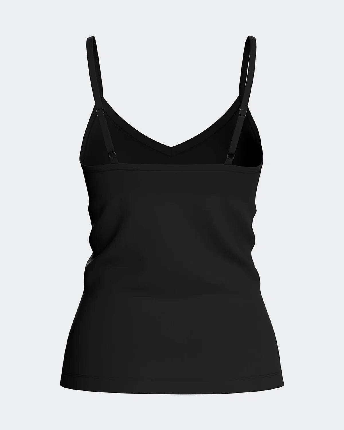 Maison Sarava black TENCEL Lyocell V-neck tank top with adjustable straps.