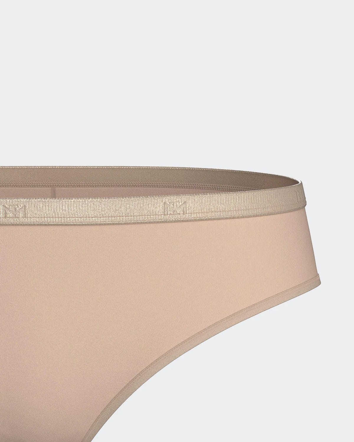 Maison Sarava women's nude lyocell thong with a shimmering elasticated waistband featuring the brand's logo.