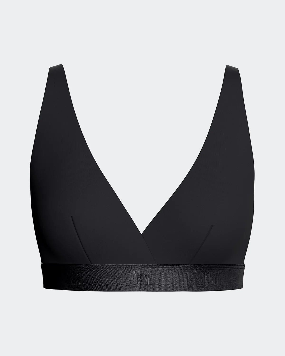 Maison Sarava black Lyocell triangular non-wired bra with thin adjustable straps and branded band.