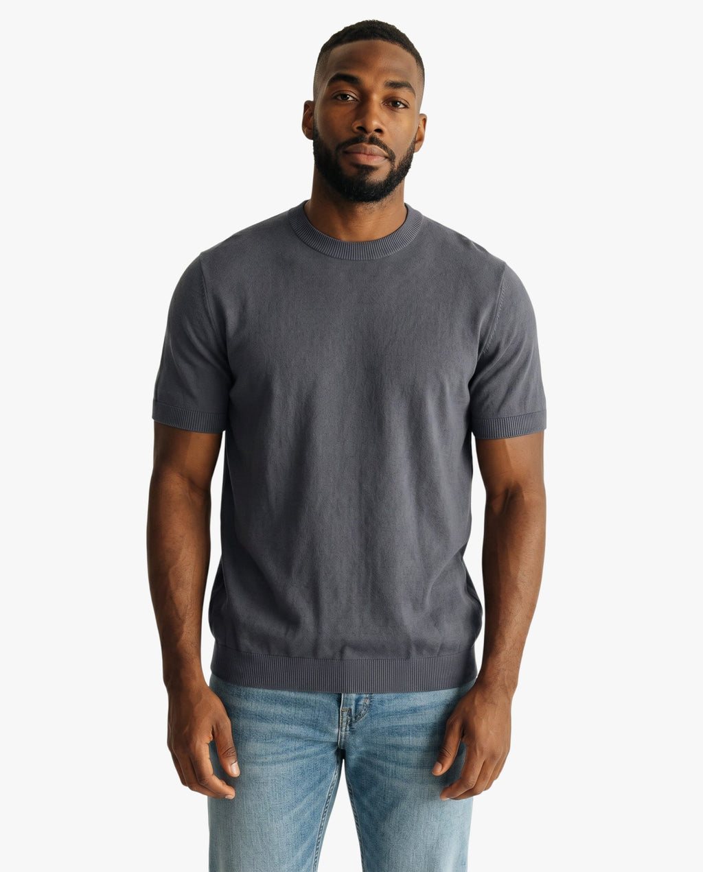 Maison Sarava men's dark grey short-sleeved t-shirt in 100% Lyocell with a round neckline and ribbed hem.