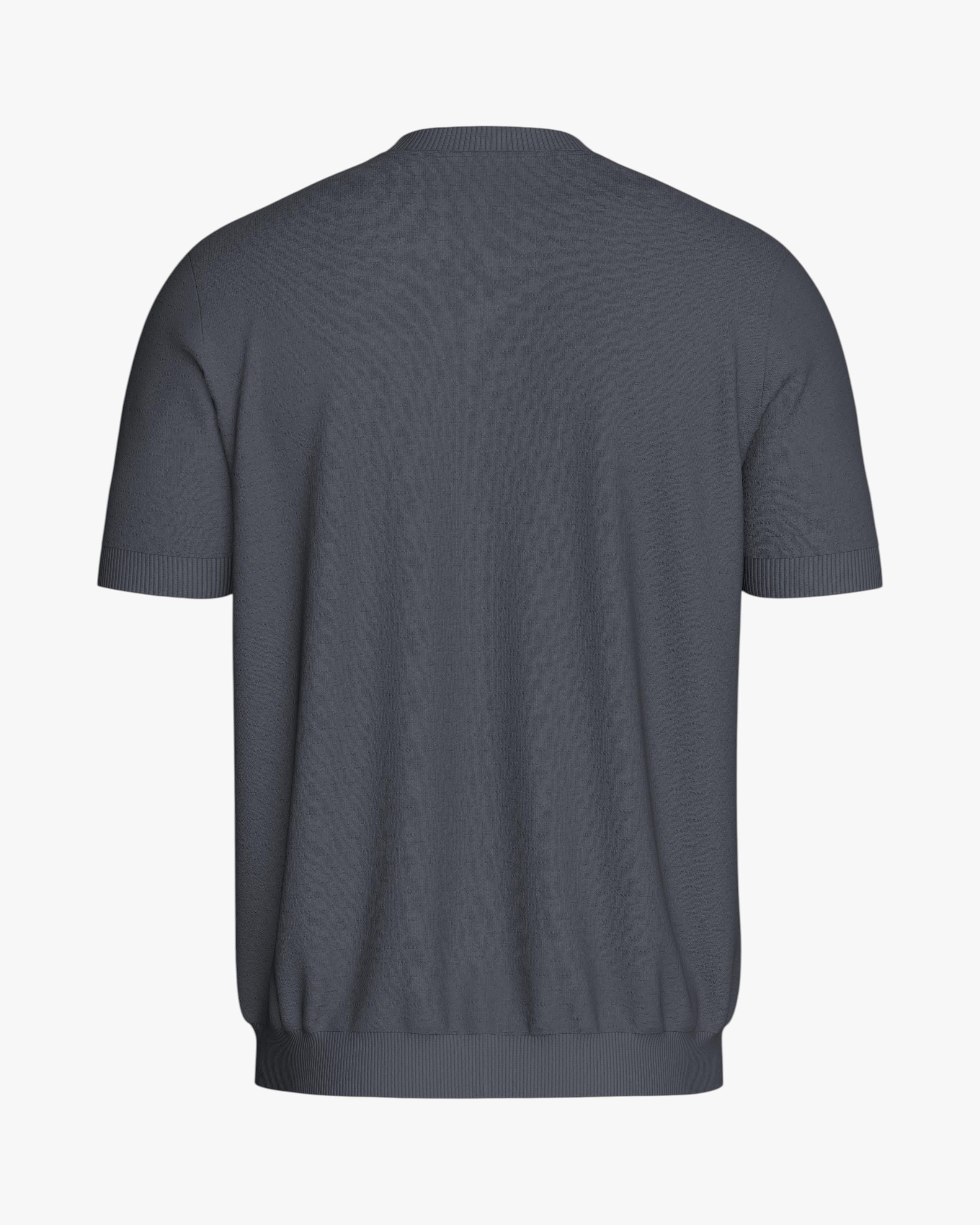 Maison Sarava charcoal grey short sleeve knit top in Lyocell with crew neck and ribbed hem.