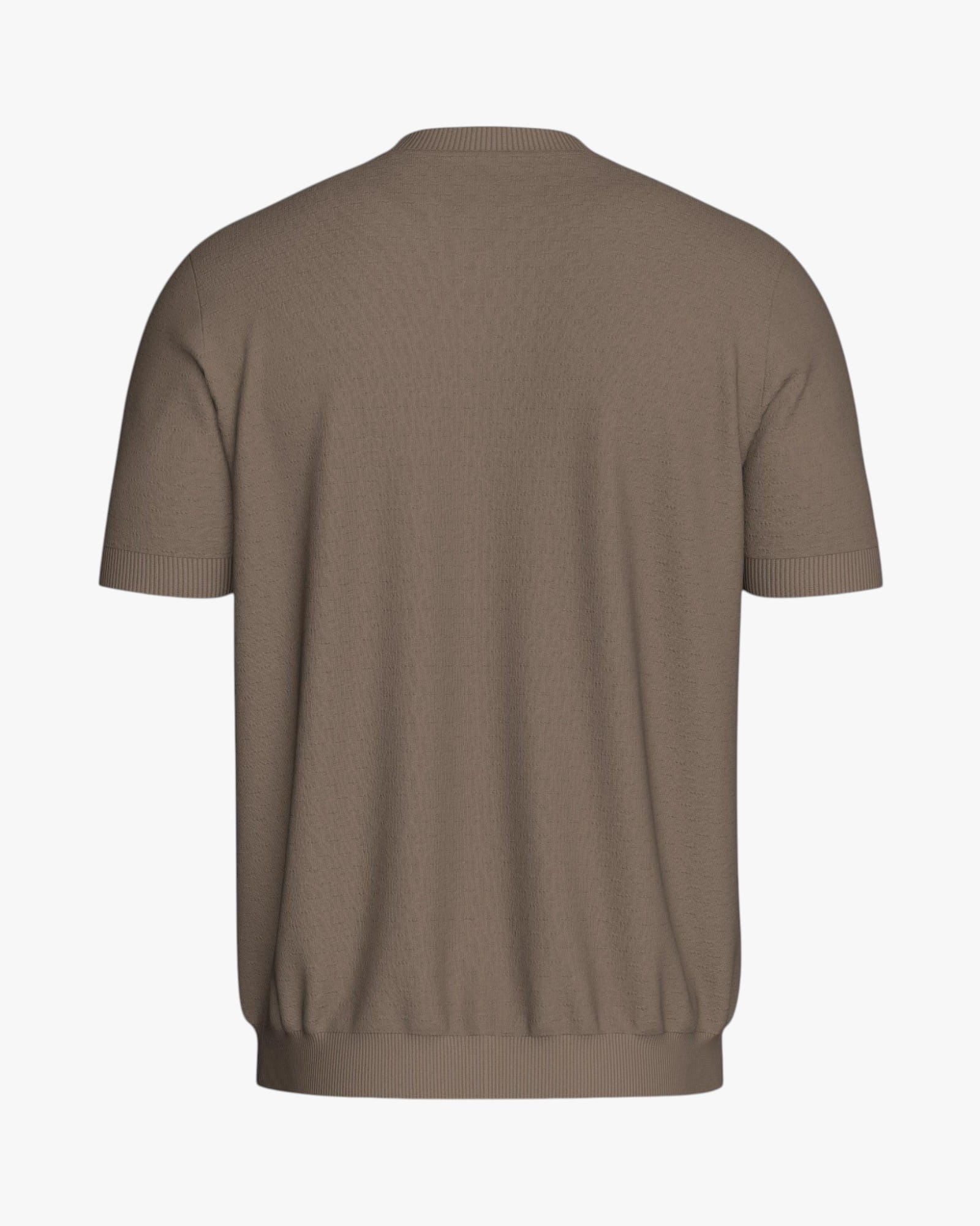 Maison Sarava taupe brown short sleeve knit top in Lyocell with crew neck and fine texture.