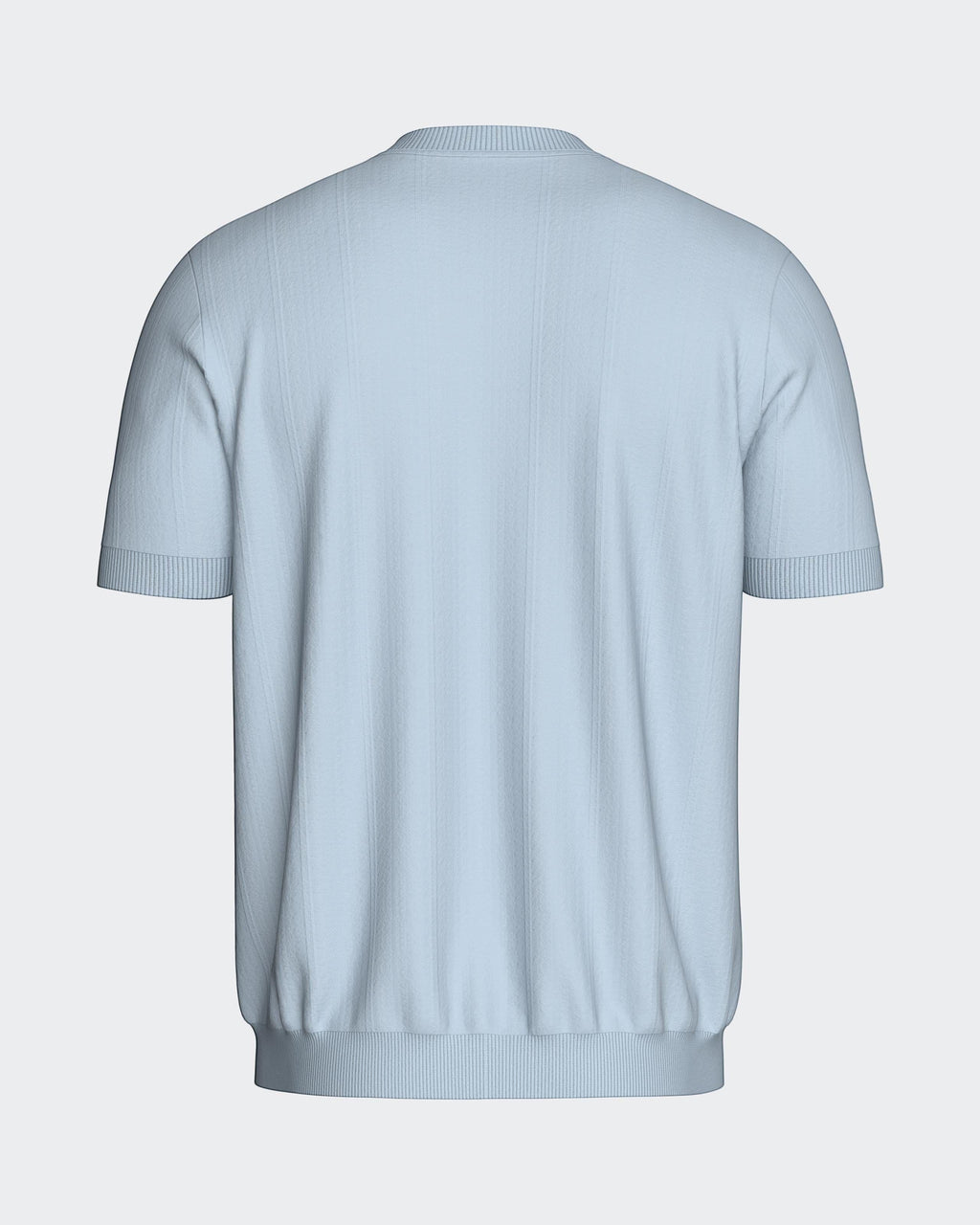 Maison Sarava light blue short sleeve Lyocell t-shirt with ribbed cuffs and hem, featuring a subtle vertical stripe texture.