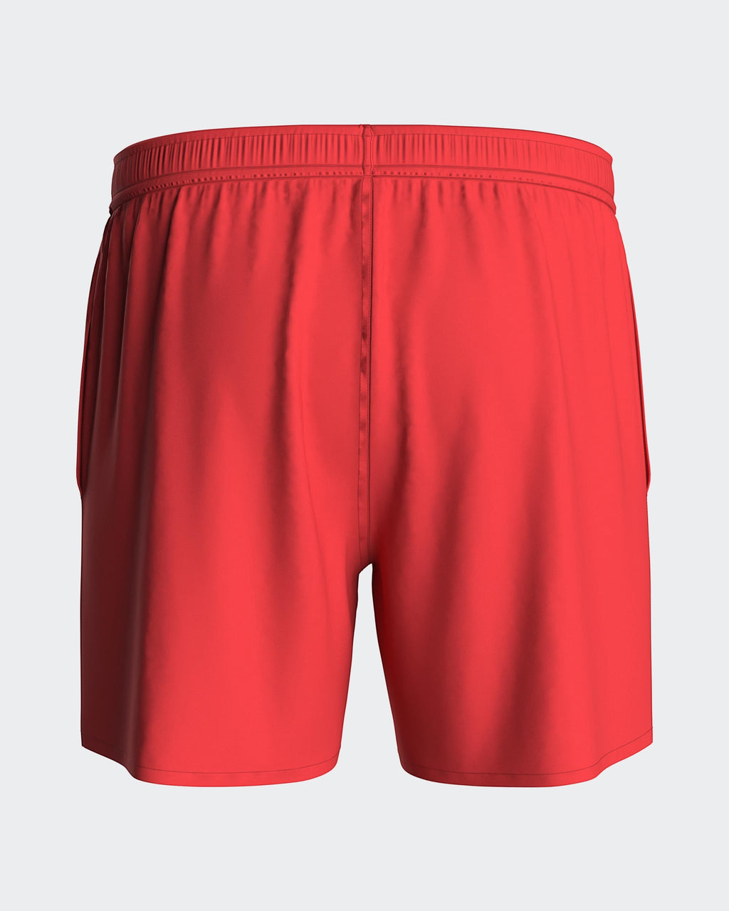 Maison Sarava red polyester men's swim shorts with adjustable drawstring waist and side pockets.