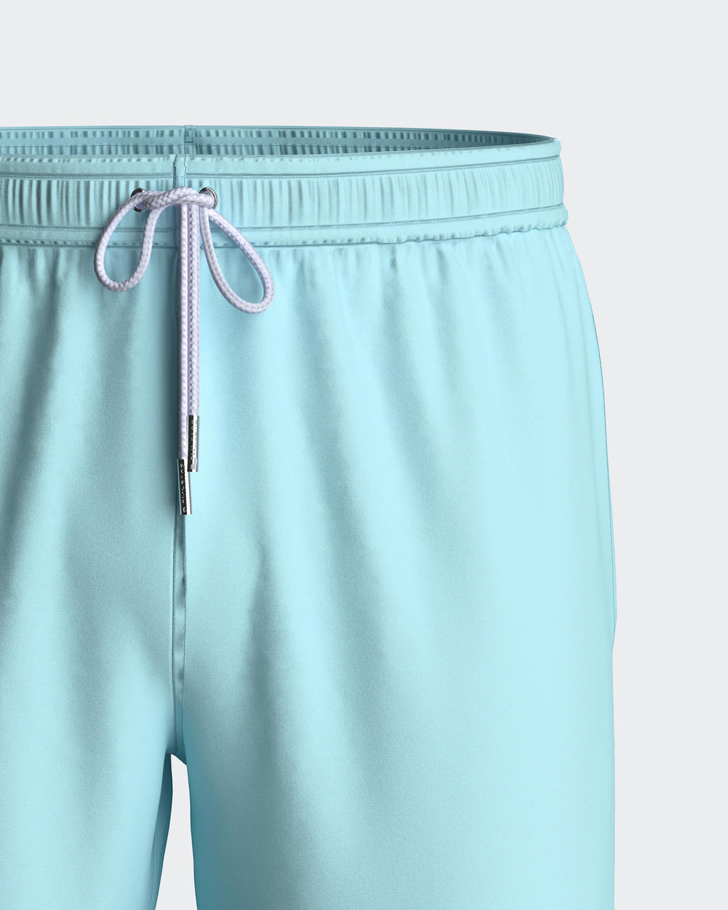 Maison Sarava light blue polyester men's swim shorts with adjustable drawstring waist and metal ends.