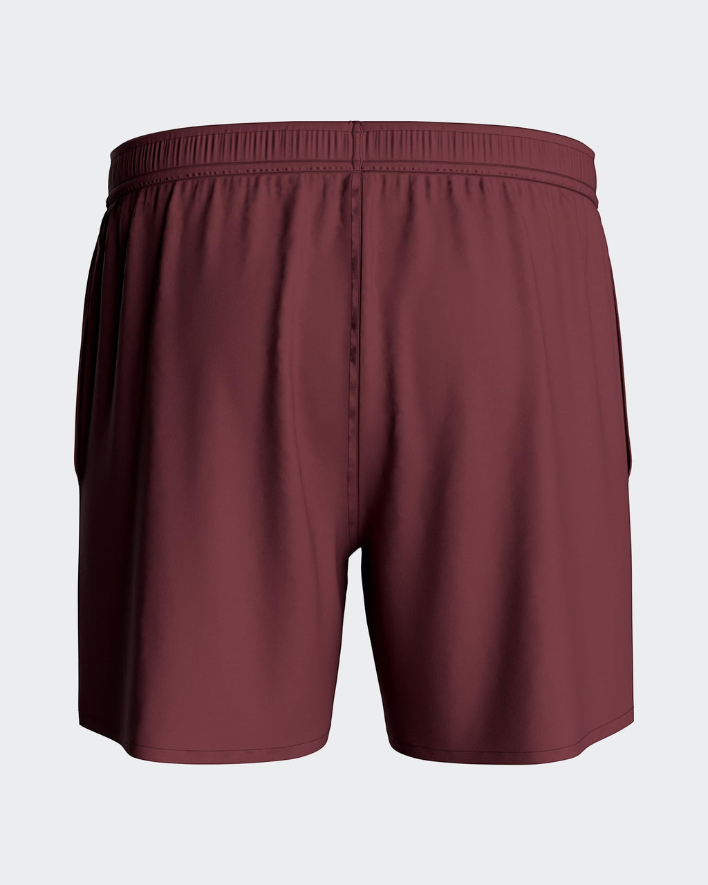 Maison Sarava men's burgundy polyester swim shorts with adjustable drawstring waist and side pockets.