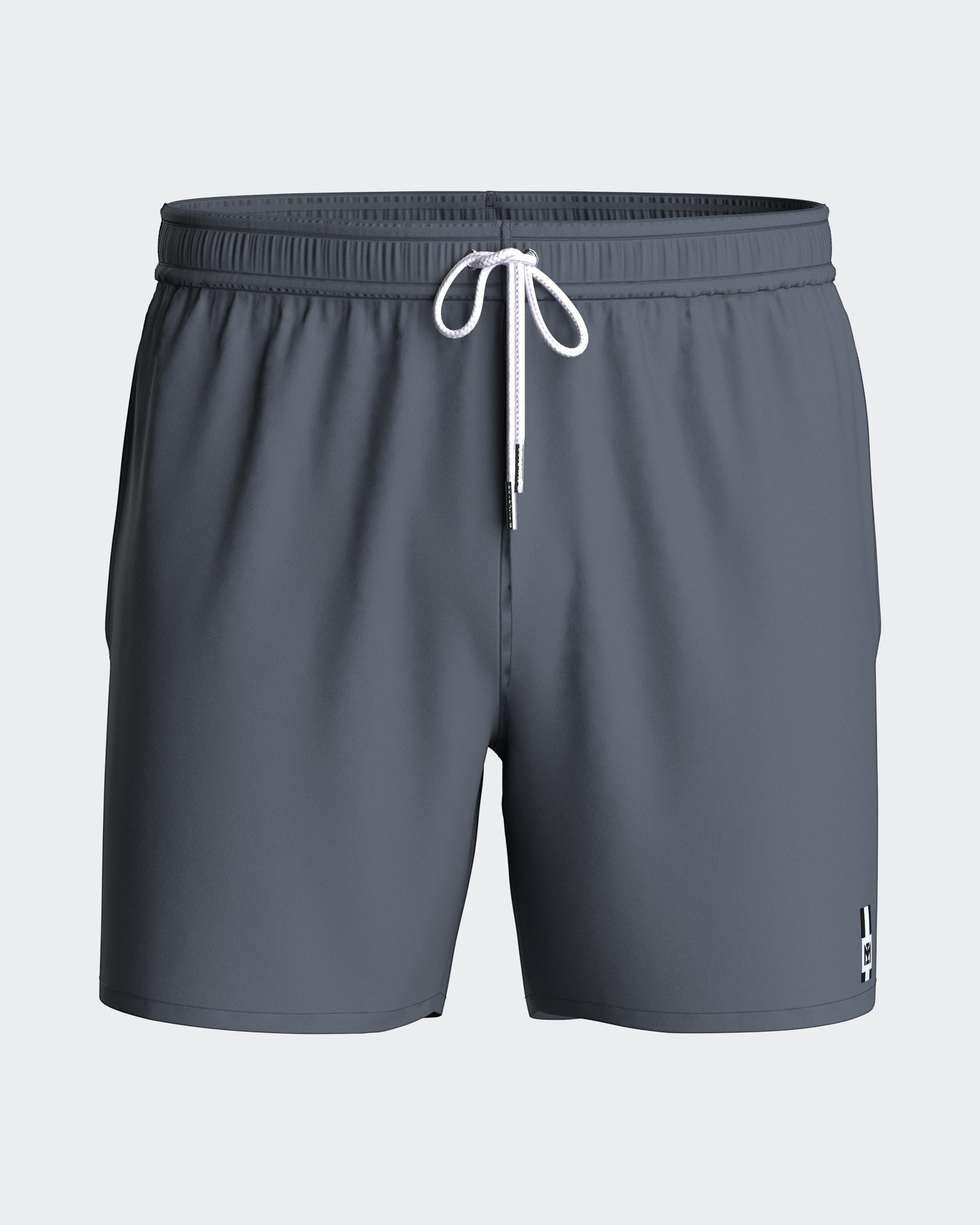 Maison Sarava men's grey polyester swim shorts with adjustable drawstring waist and inner mesh lining.