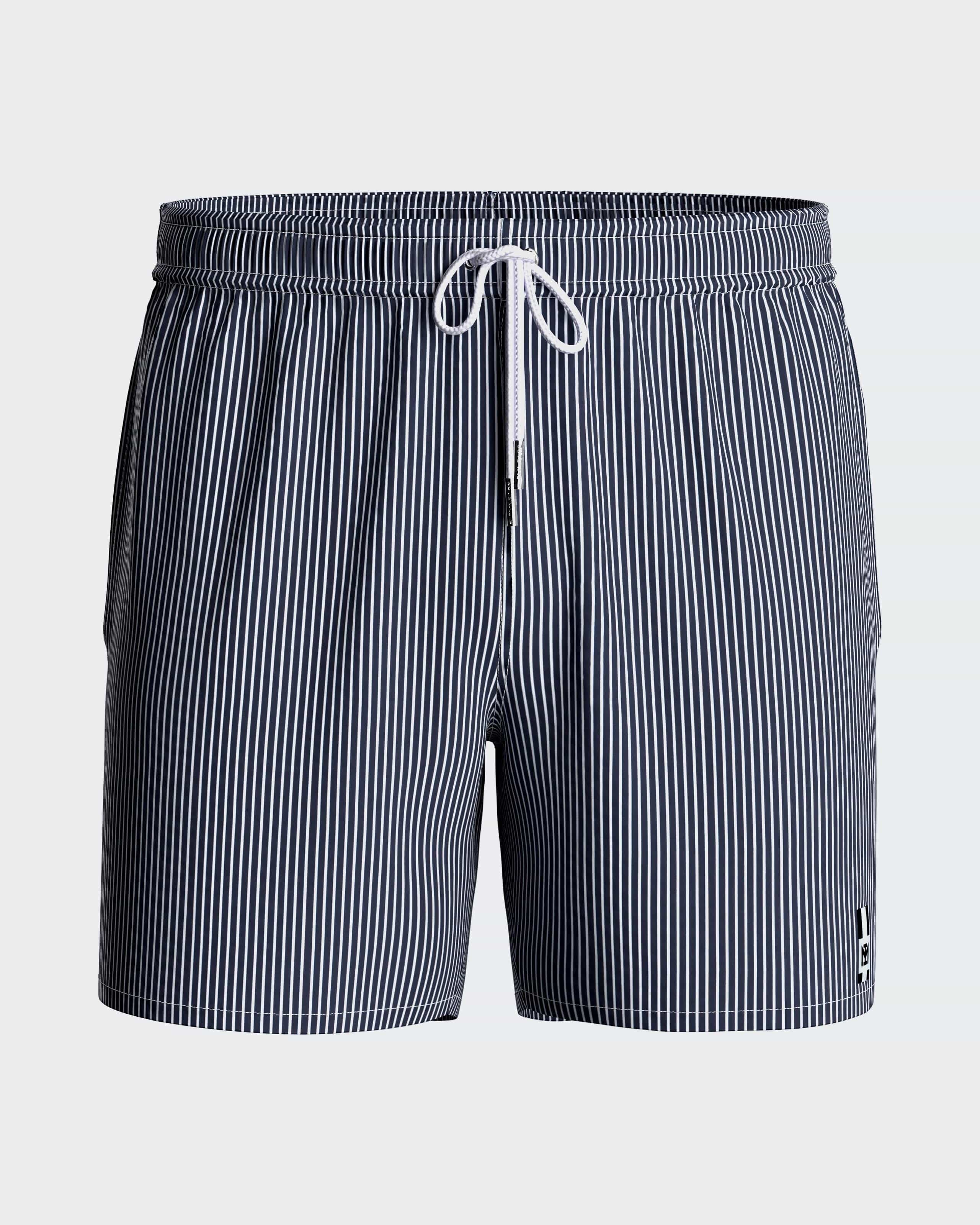 Maison Sarava navy and white pinstripe men's swim shorts with drawstring and side pockets.