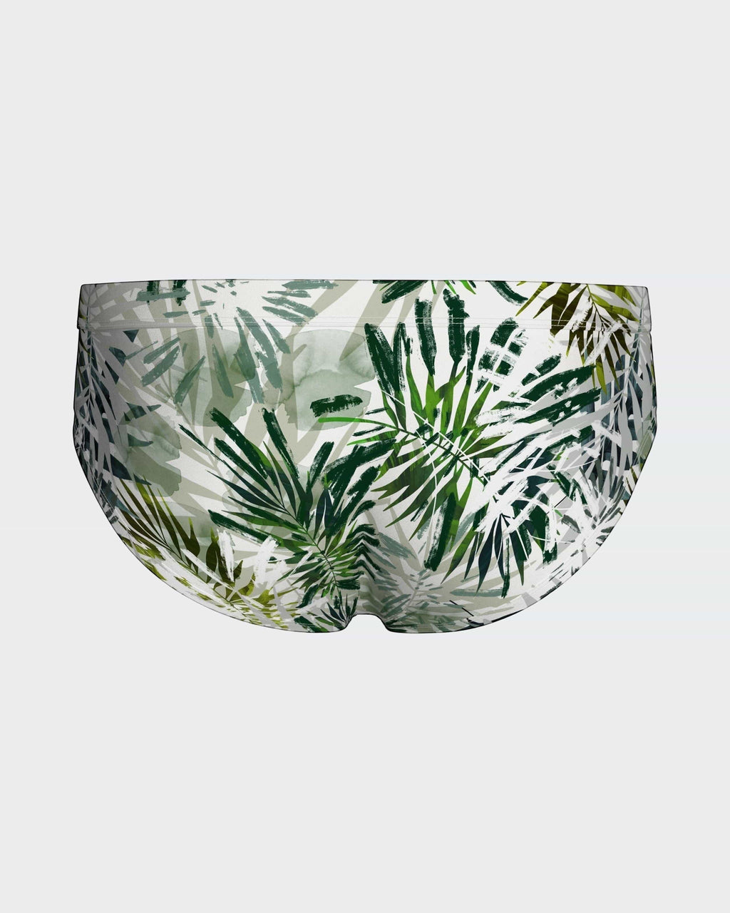 Maison Sarava tropical leaf print swim briefs in green and white. Form-fitting, quick-drying fabric.