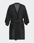 Maison Sarava black waffle knit kimono robe with wide sleeves and self-tie belt, featuring two side pockets.