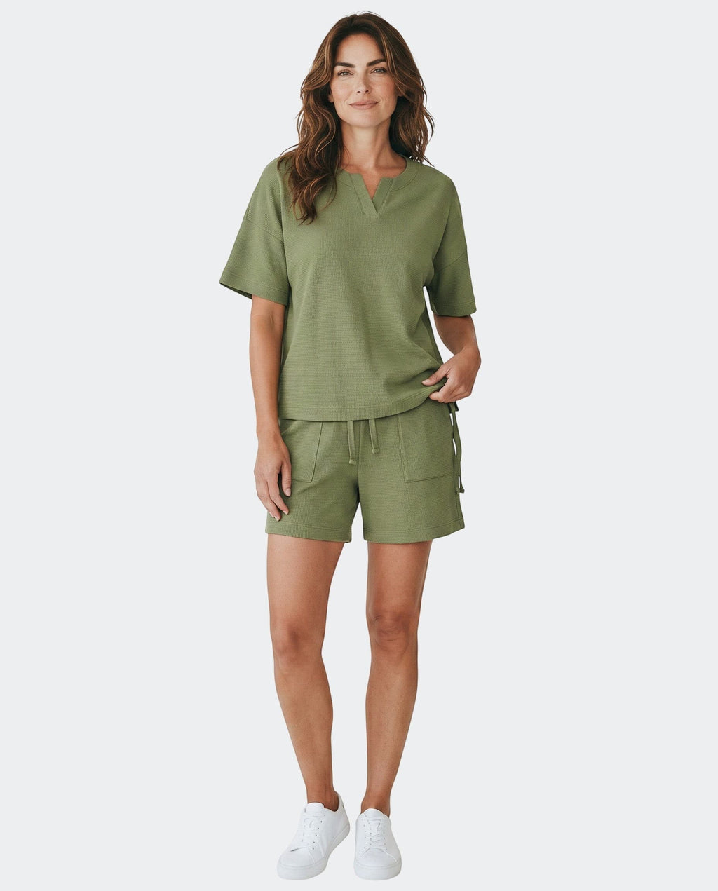 Maison Sarava women's relaxed fit olive green textured knit top and shorts set made from TENCEL™ Modal.