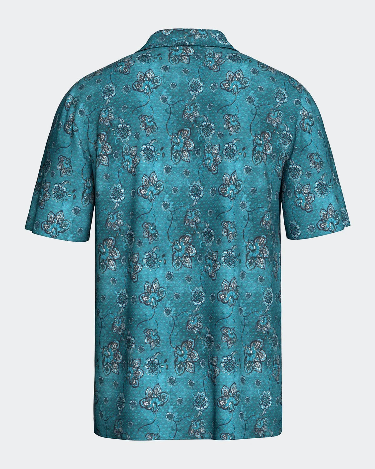 Maison Sarava men's aqua green lyocell short sleeve lounge set with tropical floral print. Lapel collar shirt and drawstring shorts.