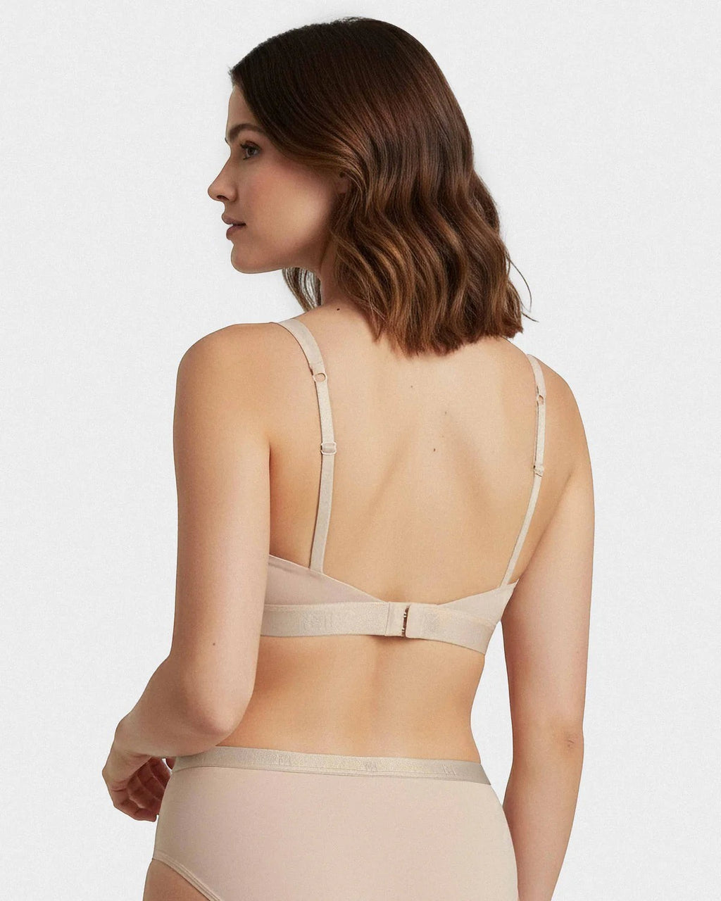 Maison Sarava women's beige triangular Lyocell bra with adjustable straps and hook-and-eye closure.