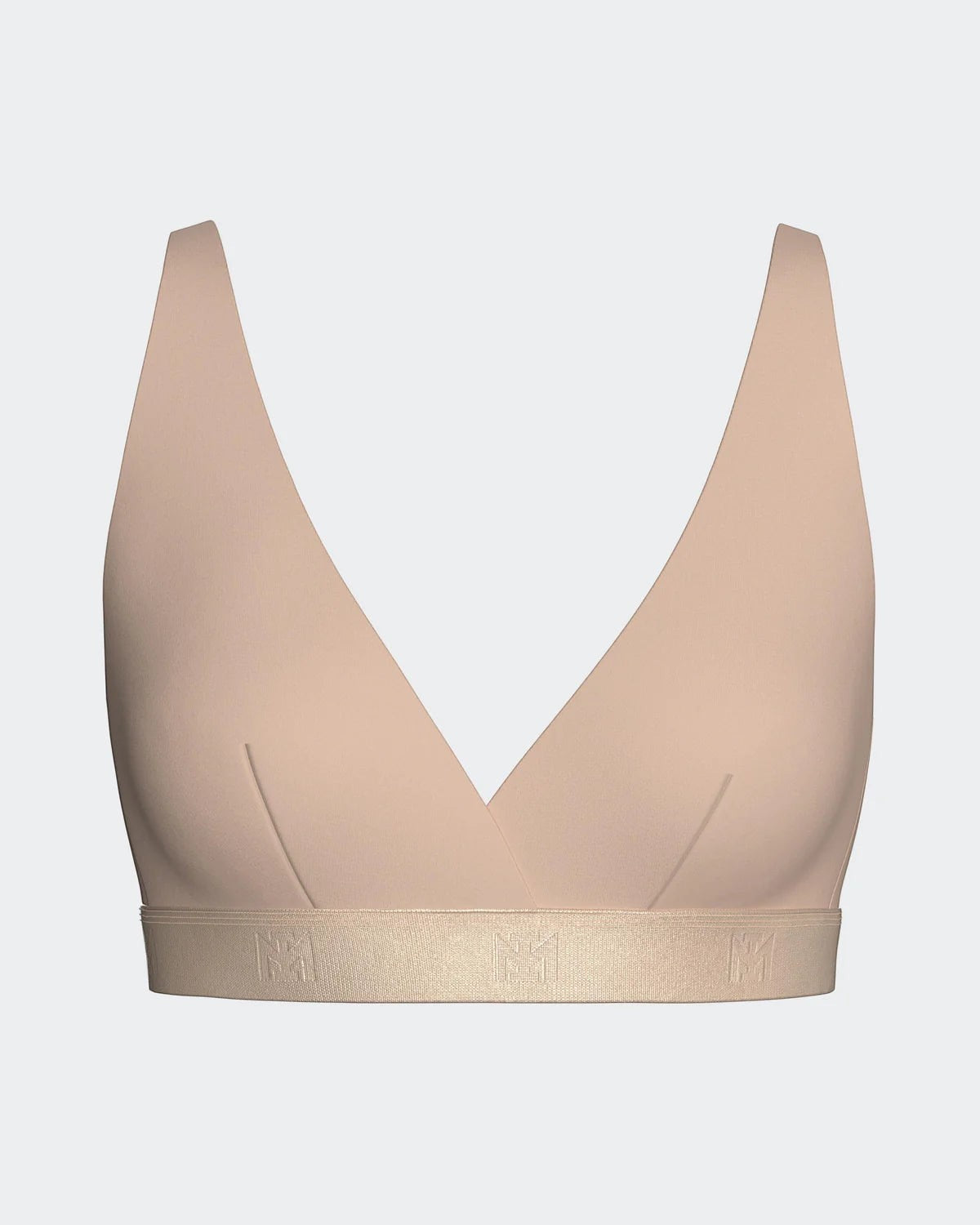 Maison Sarava women's beige triangular Lyocell bra with thin adjustable straps and logo band.