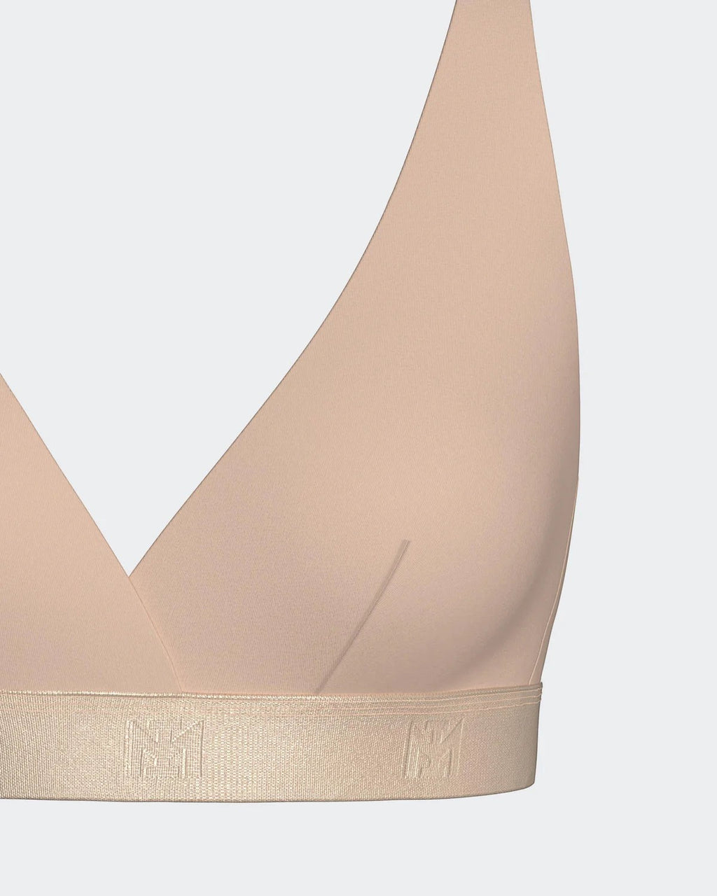Maison Sarava women's beige triangular Lyocell bra with thin adjustable straps and branded band.