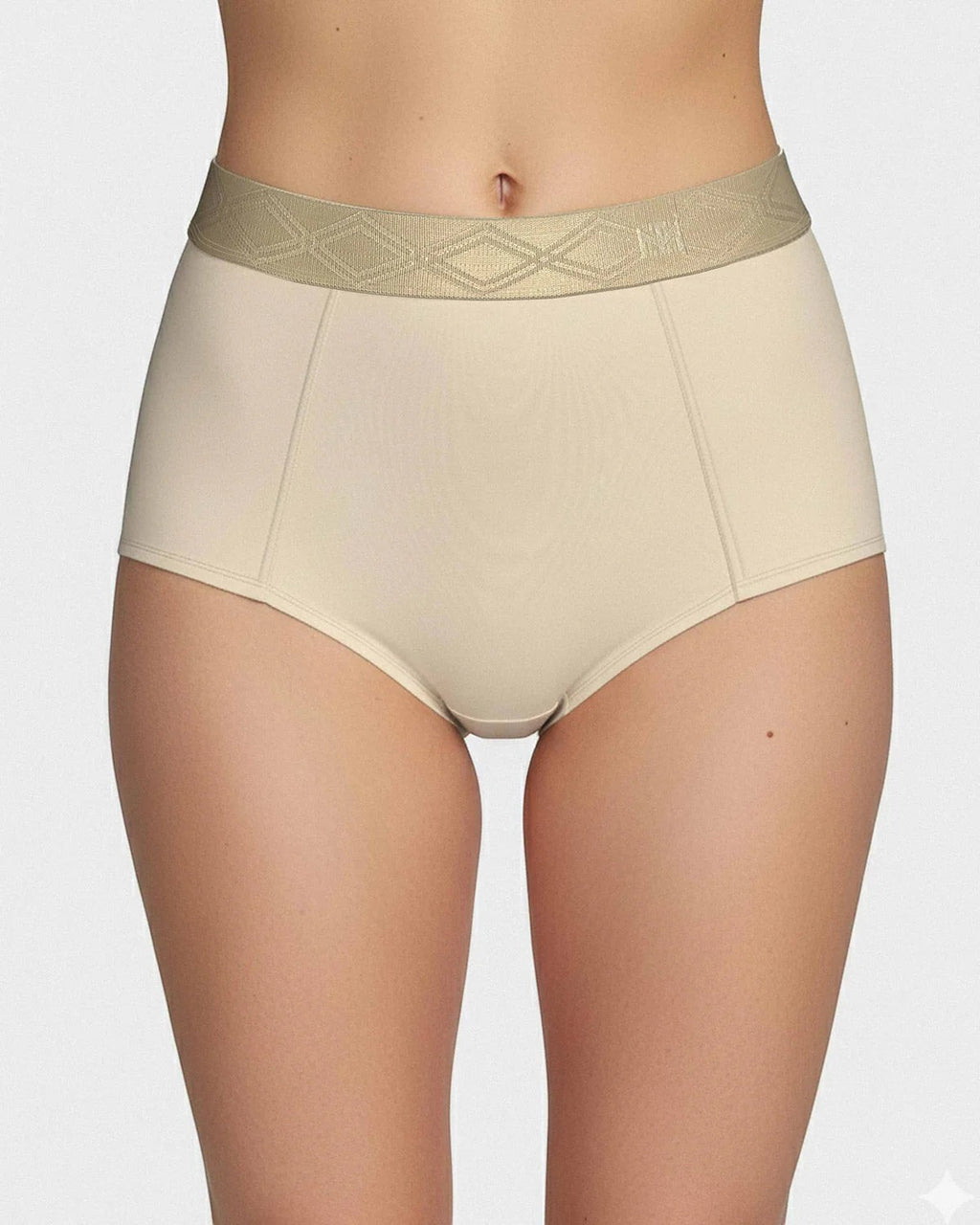 Maison Sarava women's high-waisted briefs in beige Lyocell with a decorative satin elastic waistband.