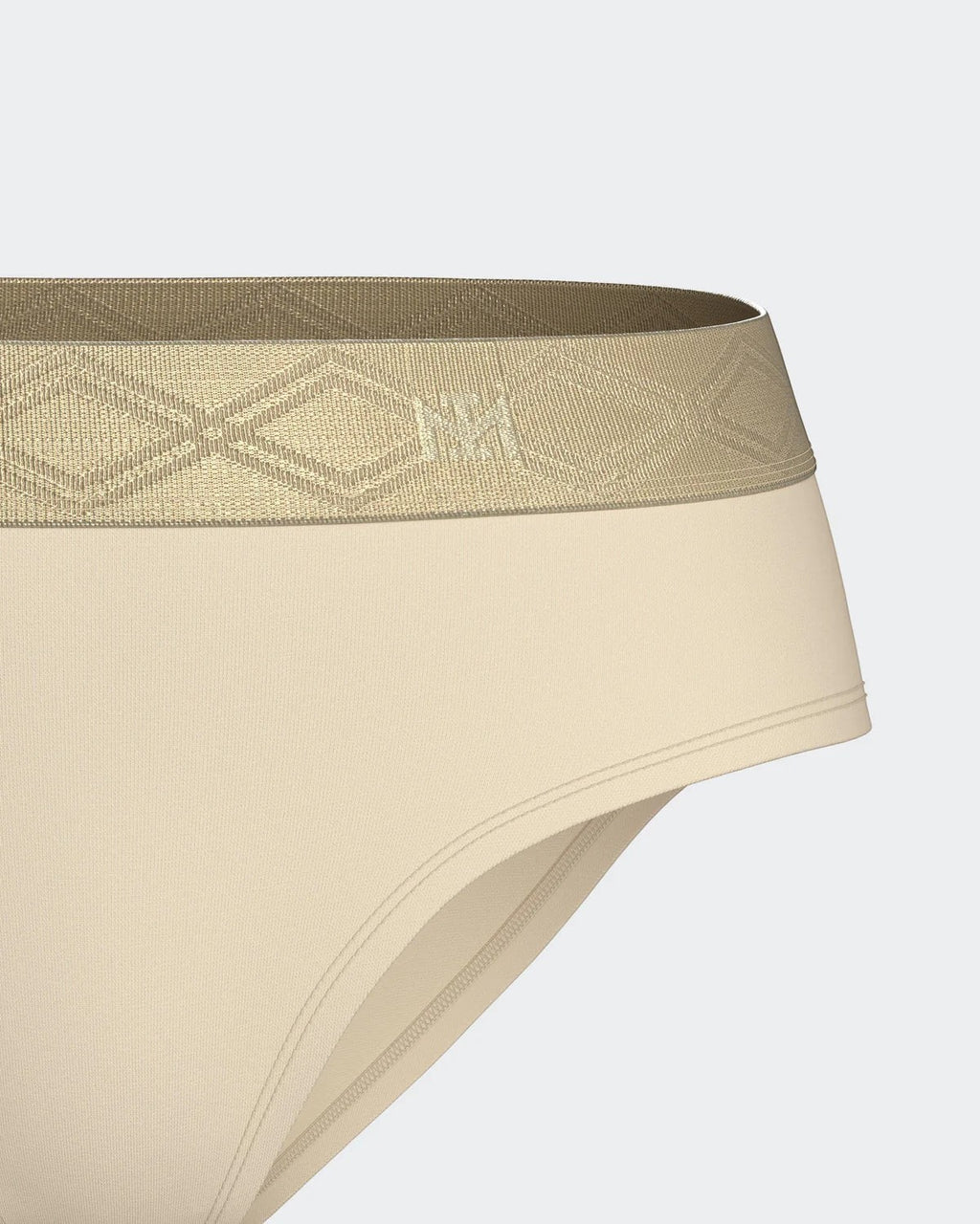 Maison Sarava women's brief underwear in beige Lyocell with a gold satin elasticated waistband featuring a geometric pattern.