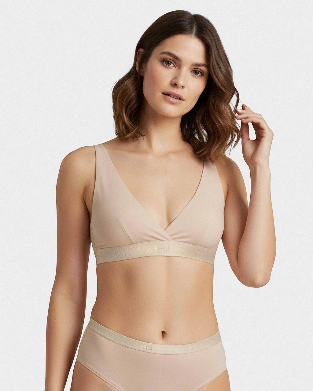 Maison Sarava women's beige non-wired triangular bra in Lyocell with adjustable straps and branded band.