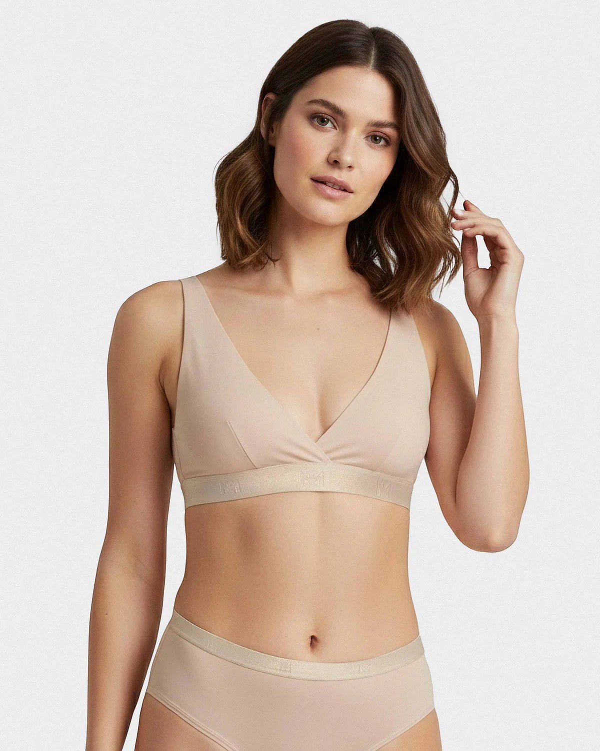 Maison Sarava women's beige non-wired triangular bra in Lyocell with adjustable straps and branded band.