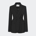 Maison Sarava black single belted blazer with notched lapels and two front pockets. Versatile for office or evening wear.