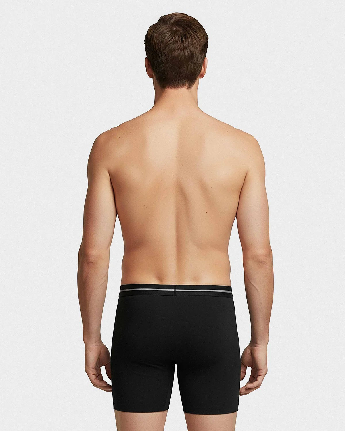 Maison Sarava black cotton stretch long boxer briefs with elastic waistband and grey stripe detail.