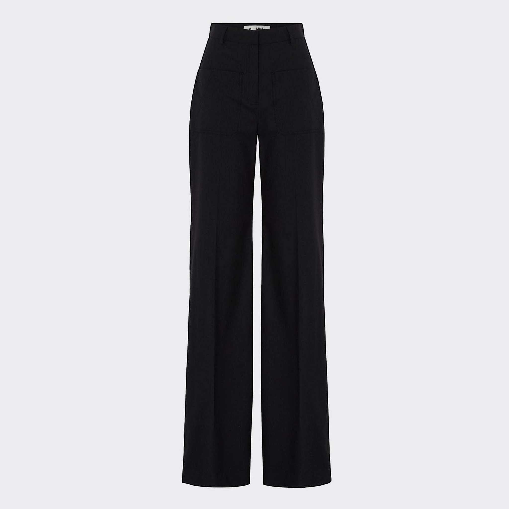 Maison Sarava black high-waist trousers with straight fit, two front patch pockets and A-design stitching on back pockets.
