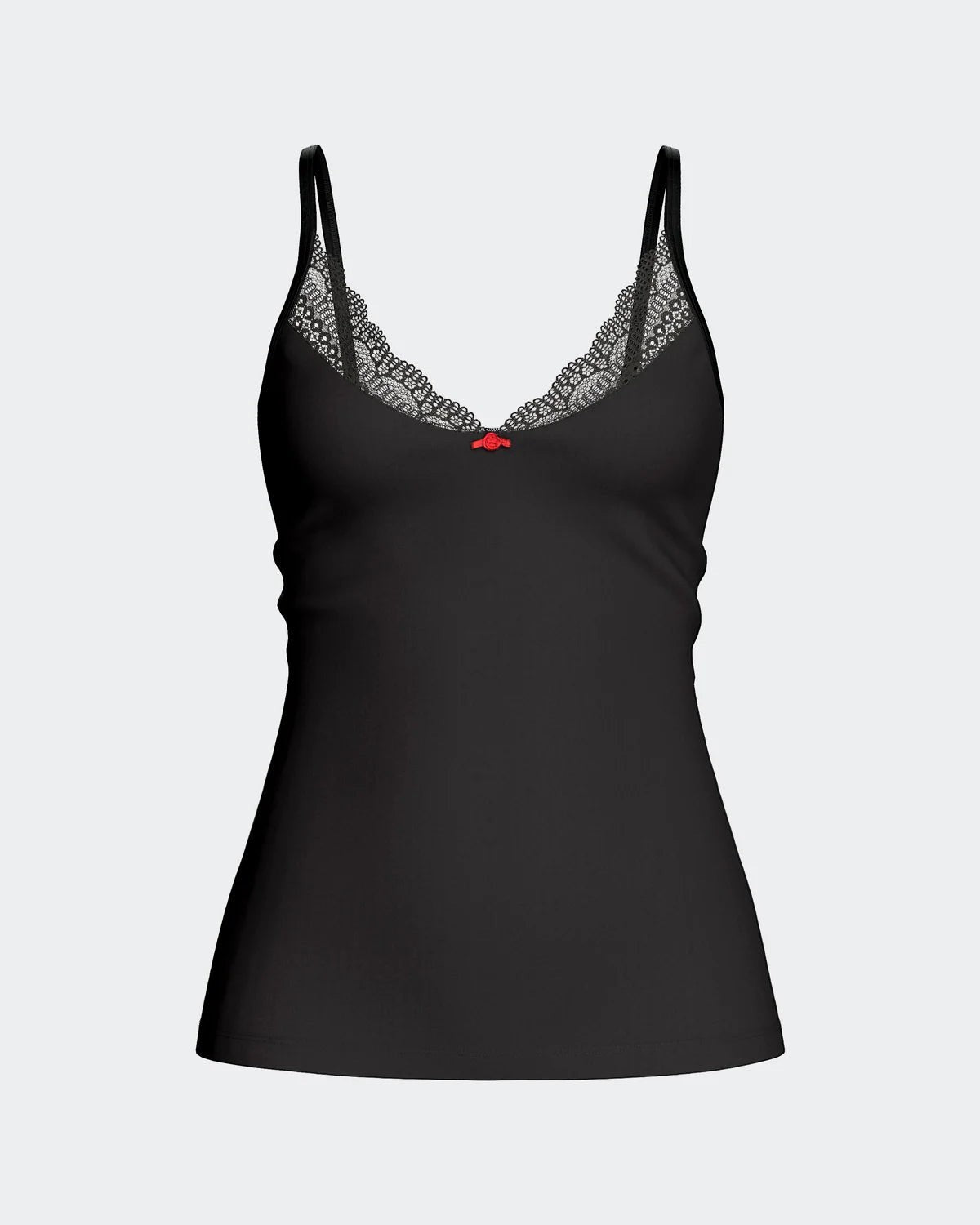 Maison Sarava black camisole with lace trim, adjustable straps, and a red bow detail. Made from TENCEL™ Lyocell.