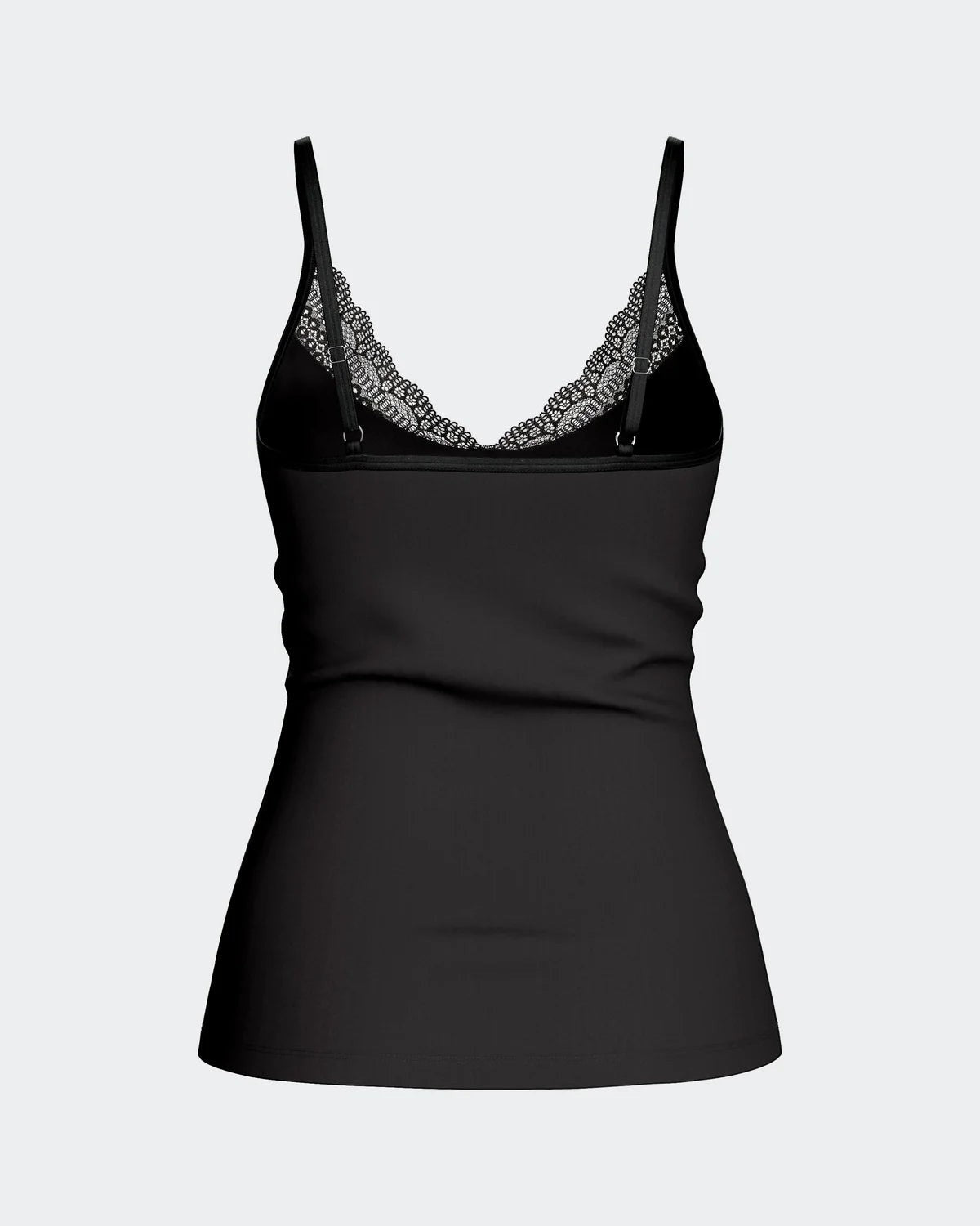 Maison Sarava black camisole with lace trim at neckline, adjustable straps, and red bow detail. Made from TENCEL™ Lyocell.