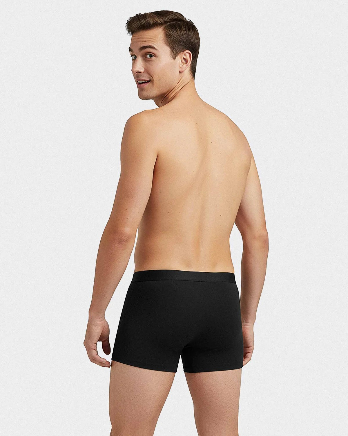 Maison Sarava men's black lyocell boxer briefs with silver elastic waistband. Made in Portugal.