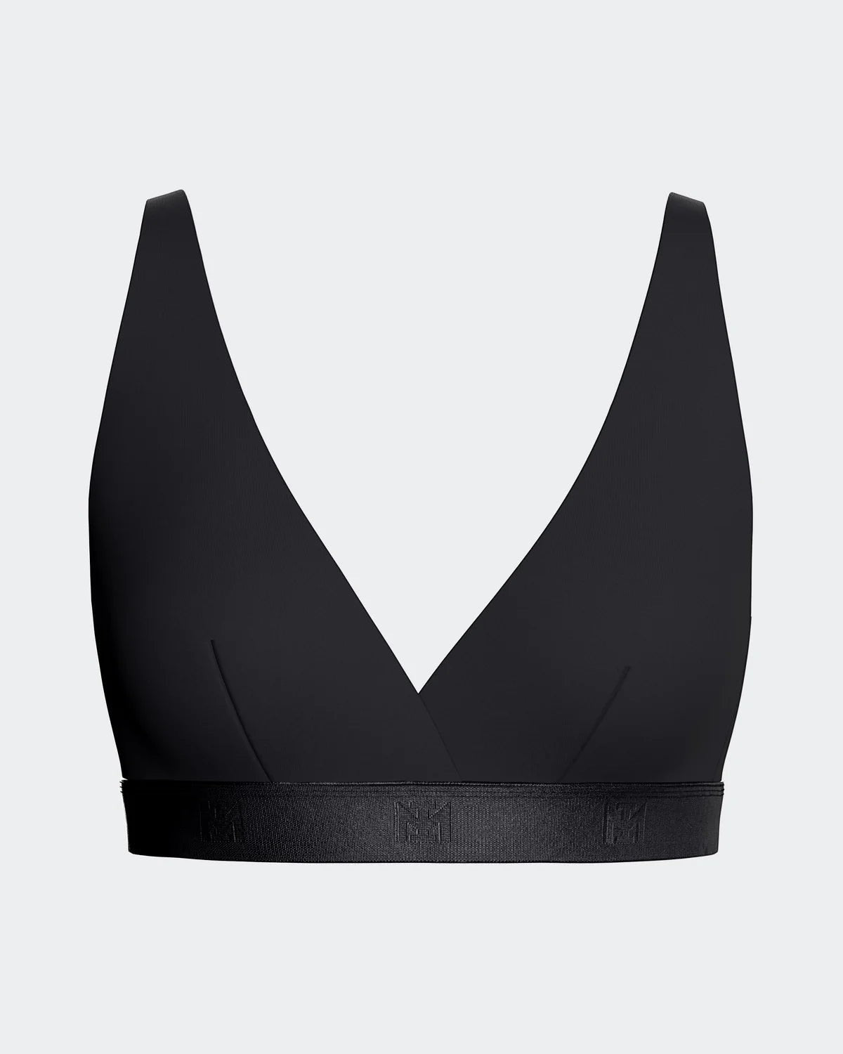 Maison Sarava black Lyocell triangular non-wired bra with thin adjustable straps and branded band.