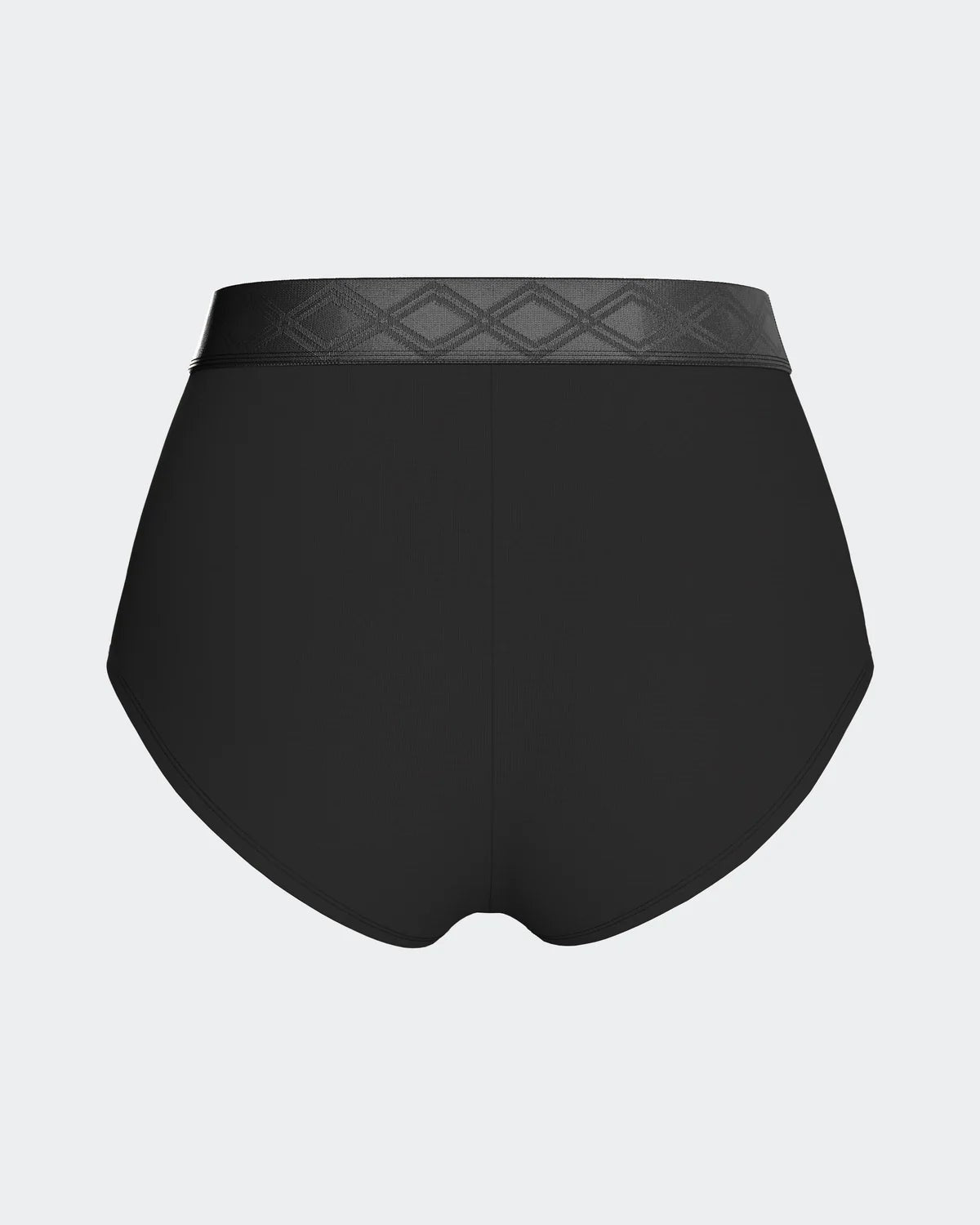 Maison Sarava black high-waisted briefs made from TENCEL™ Lyocell with a satin elastic waistband featuring a diamond pattern.