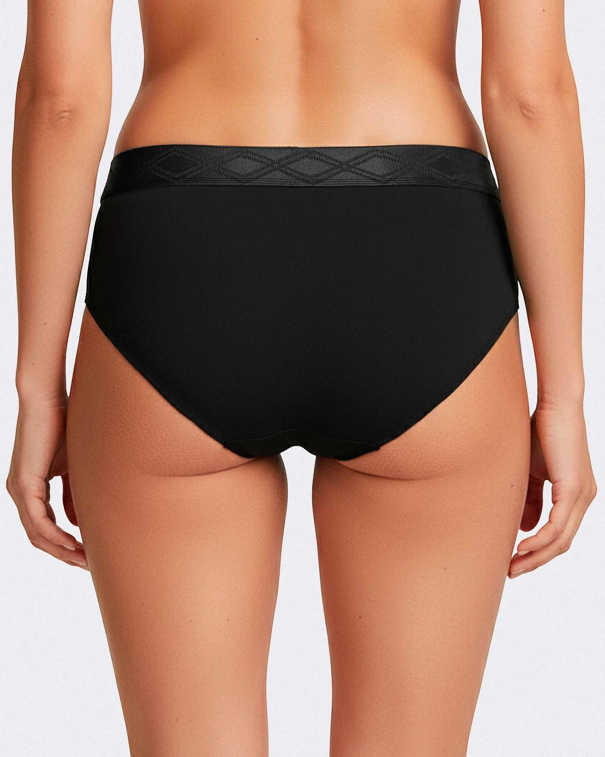 Maison Sarava black TENCEL Lyocell women's briefs with satin elasticated waistband and diamond pattern detail.