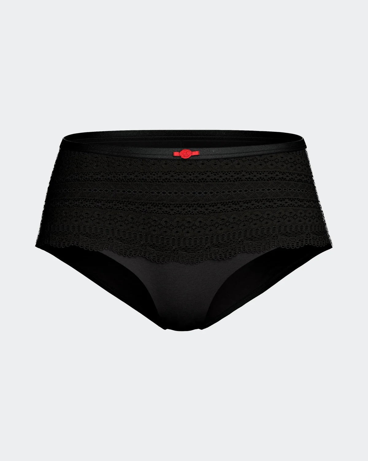 Maison Sarava black hipster brief underwear with lace trim and a small red bow detail. Made from TENCEL™ Lyocell.