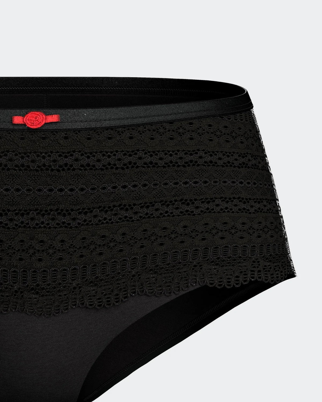 Maison Sarava black hipster brief underwear with lace detailing and a red bow, made from TENCEL™ Lyocell.