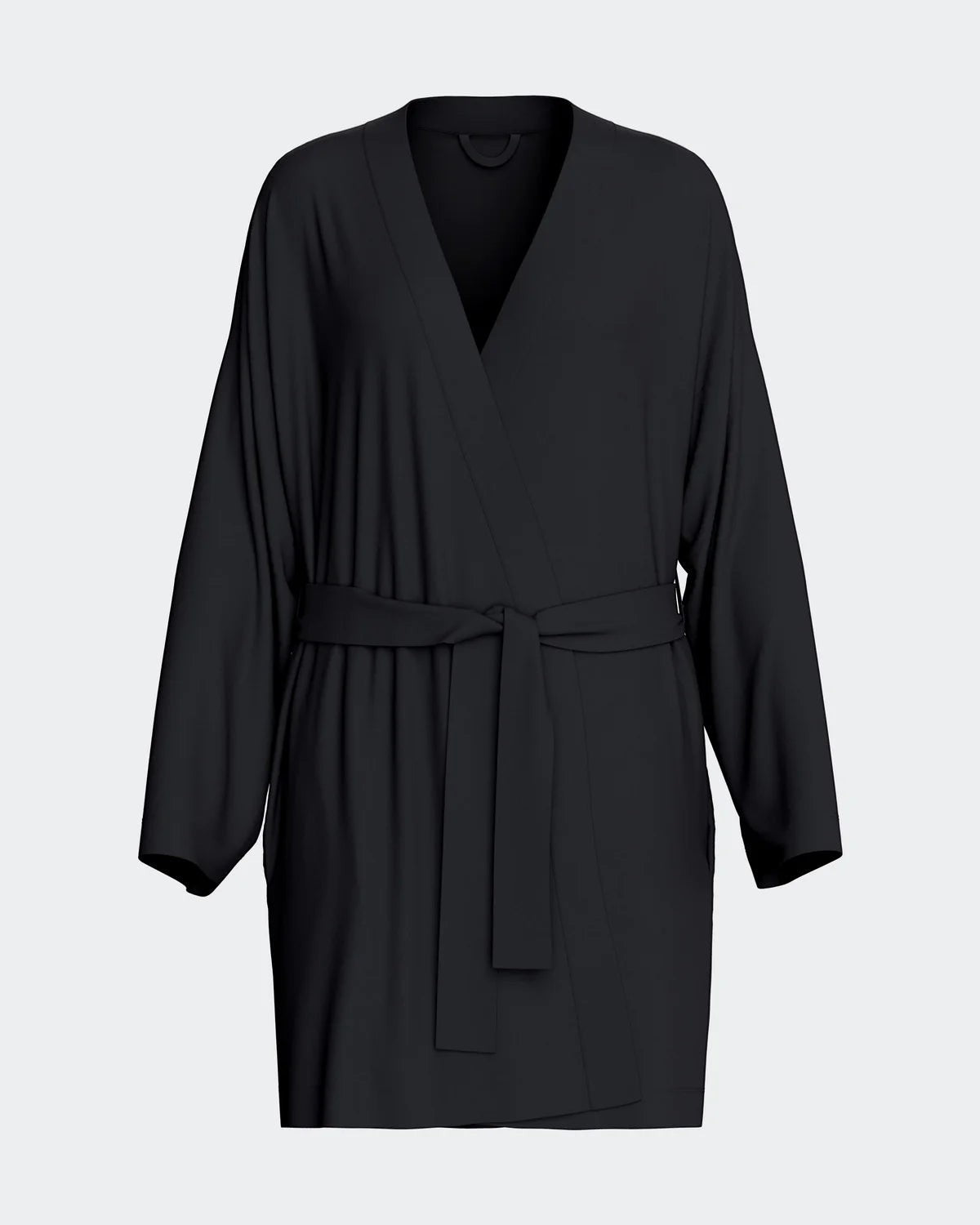 Maison Sarava black TENCEL™ Lyocell kimono robe with adjustable belt and wide sleeves.
