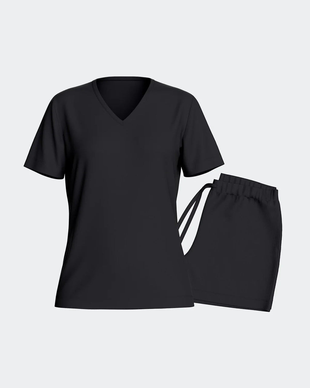 Maison Sarava black lyocell short sleeve V-neck t-shirt and drawstring shorts loungewear set.