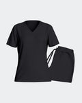 Maison Sarava black lyocell short sleeve V-neck t-shirt and drawstring shorts loungewear set.