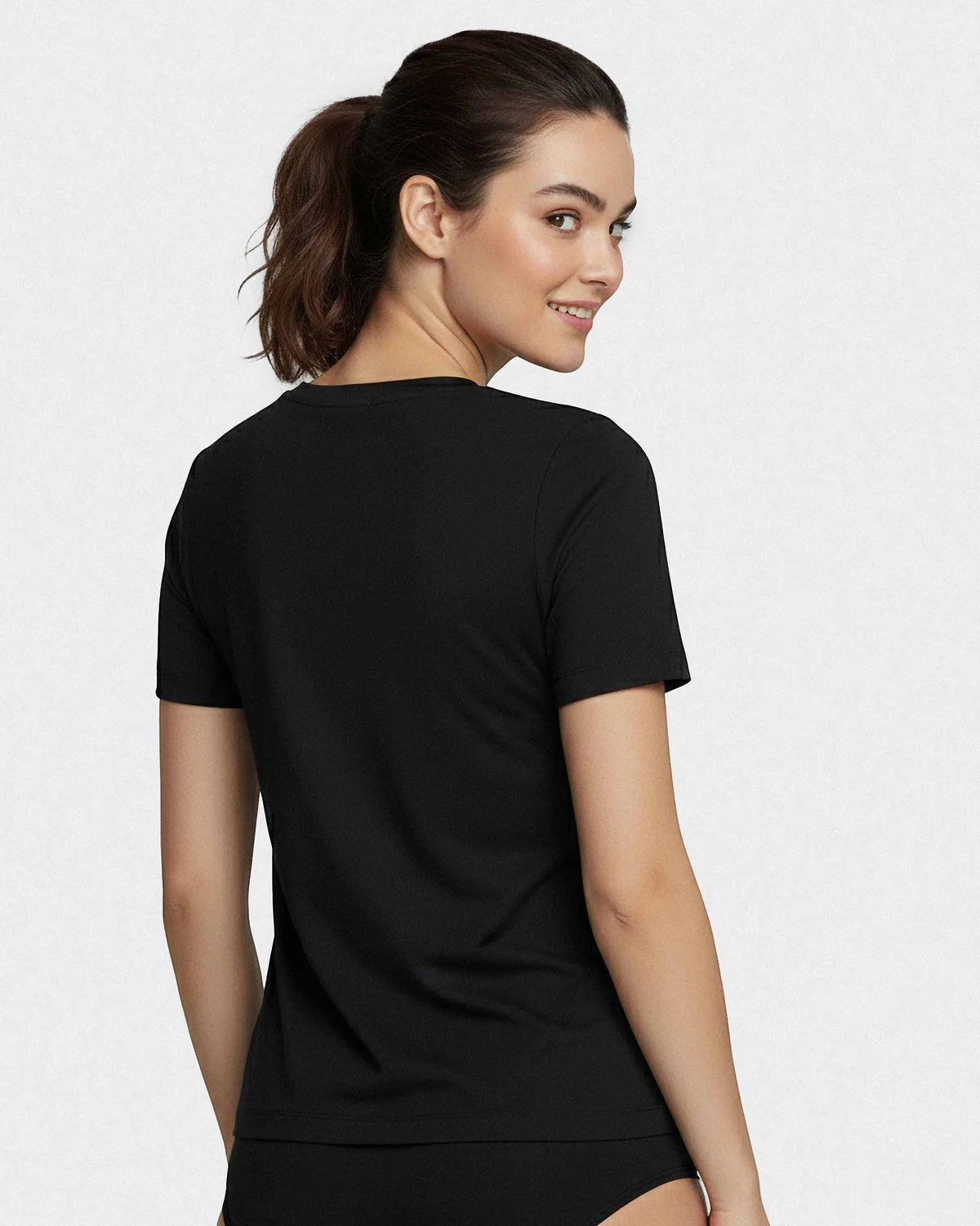 Maison Sarava black TENCEL Lyocell V-neck t-shirt for women, short sleeves, soft and breathable fabric.