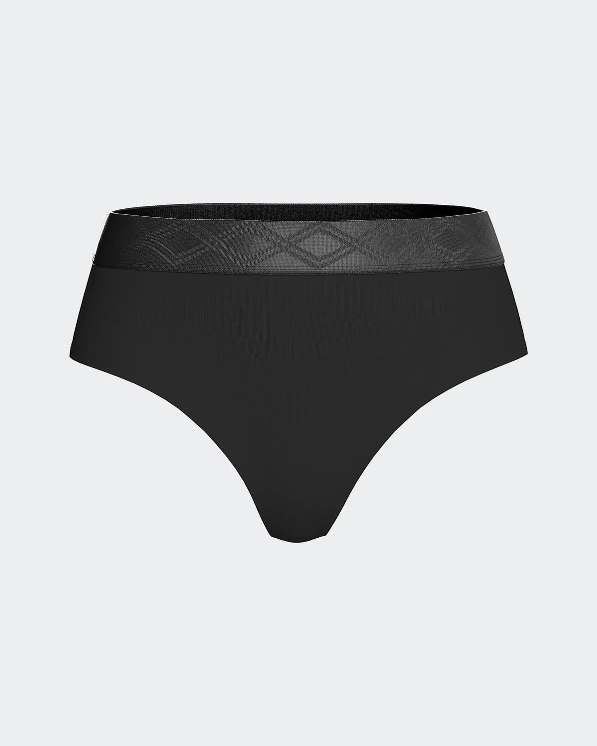 Maison Sarava black thong made from TENCEL™ Lyocell with a satin elasticated waistband featuring a subtle diamond pattern.