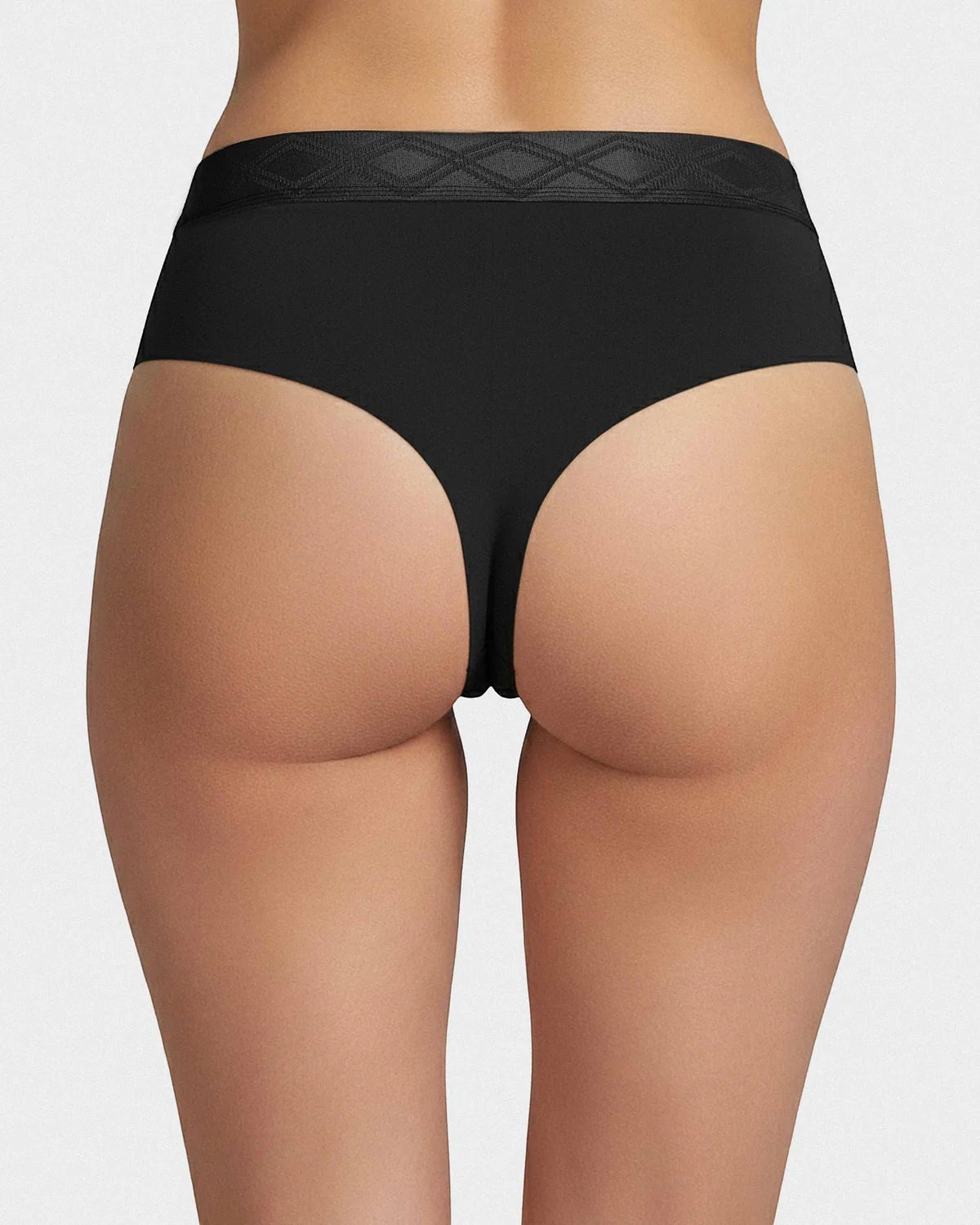 Maison Sarava black thong in Lyocell with satin elasticated waistband and diamond pattern detail.