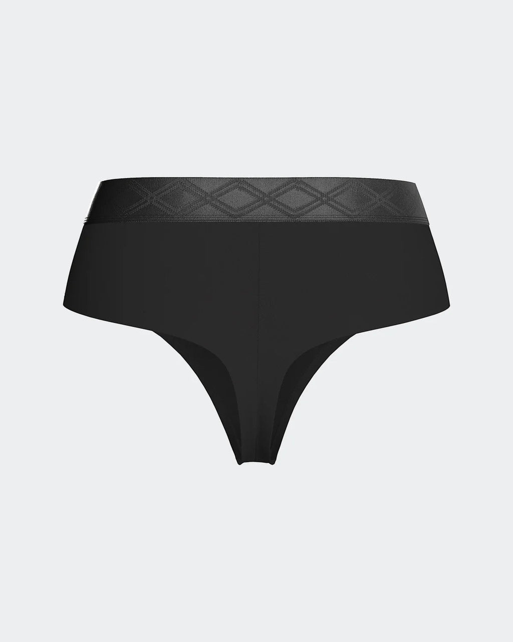 Maison Sarava black thong in Lyocell with a satin elasticated waistband featuring a subtle diamond pattern.