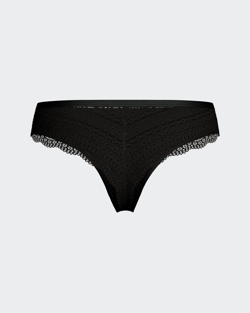 Maison Sarava black Lyocell thong with lace trim and chevron pattern detail. Lightweight, breathable, moisture-wicking fabric.