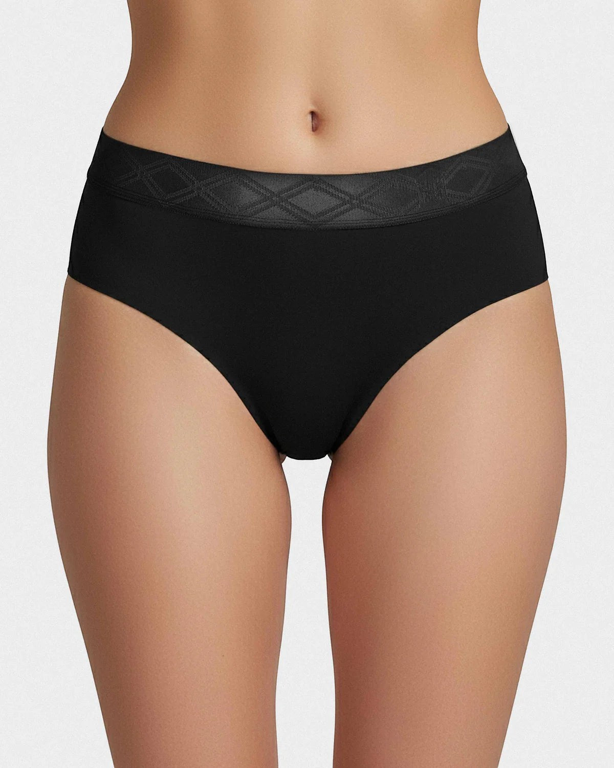 Maison Sarava black thong underwear made from soft, breathable Lyocell with a satin elasticated waistband featuring a diamond pattern.