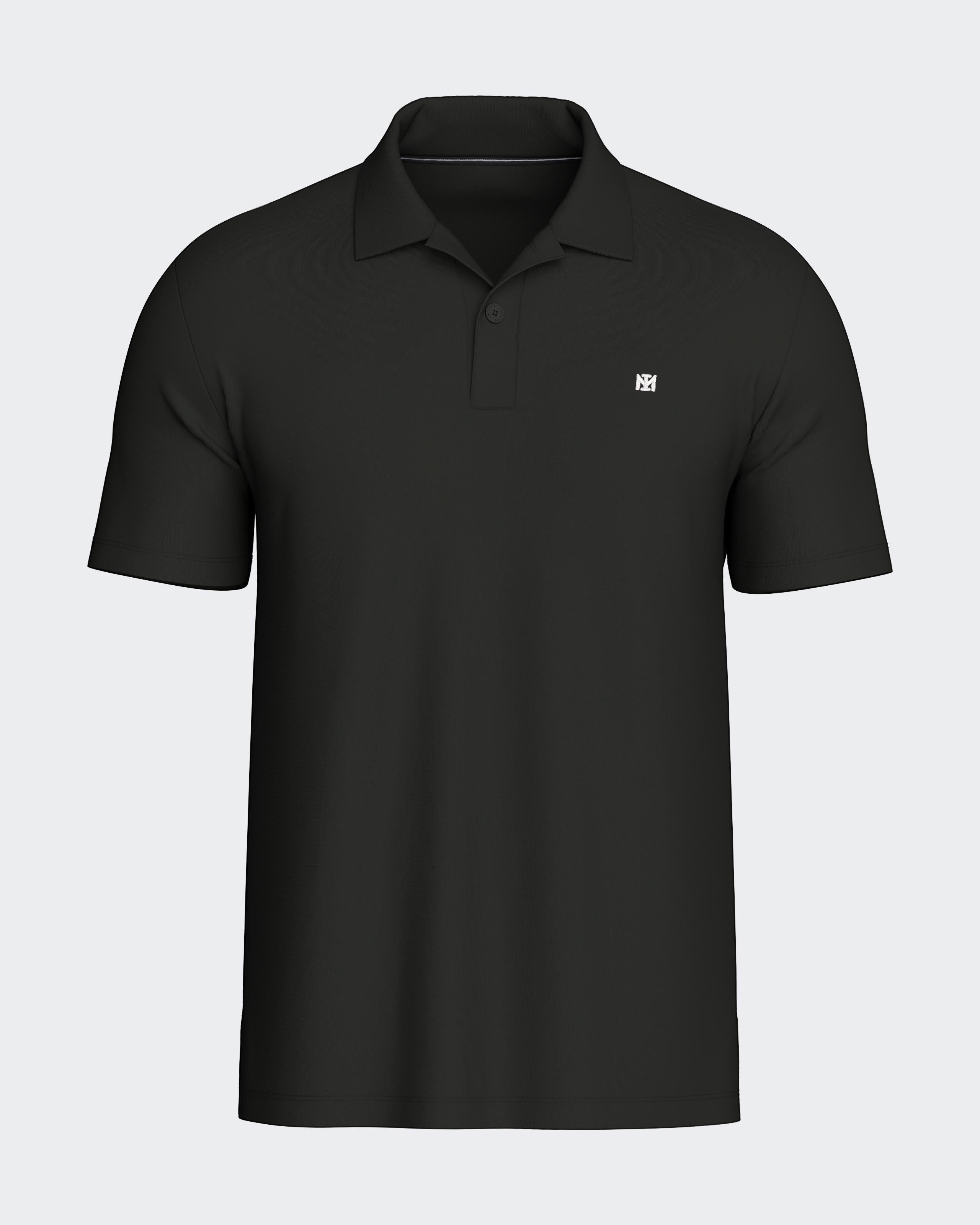 Maison Sarava black short sleeve polo shirt with a subtle embroidered logo and two-button placket.