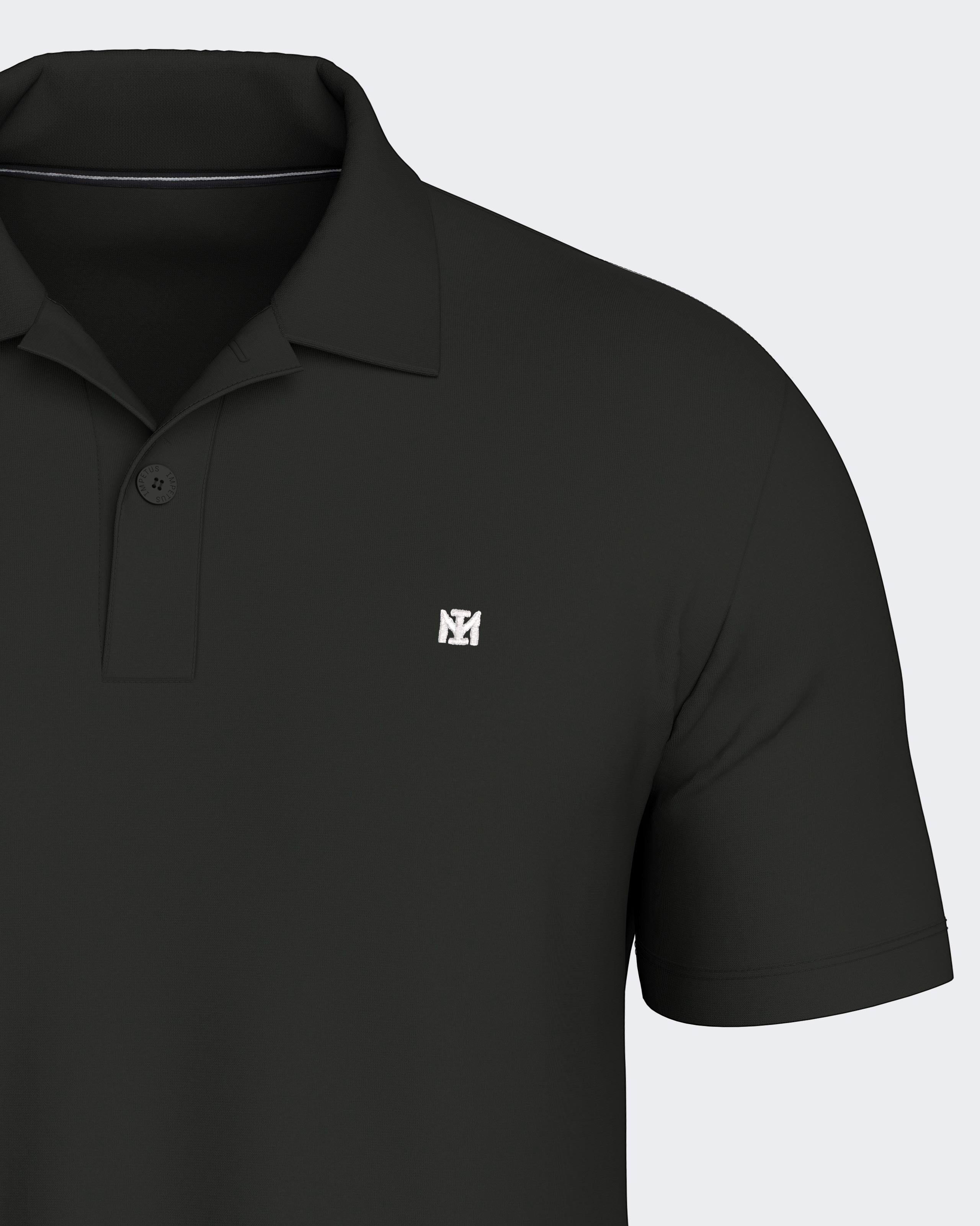 Maison Sarava black short sleeve polo shirt with a subtle embroidered logo and two-button placket.