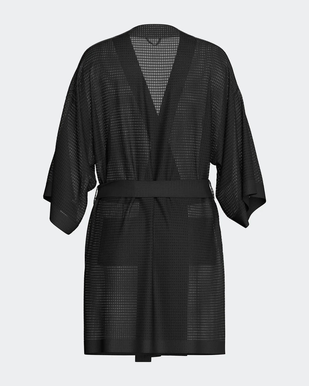Maison Sarava black waffle knit kimono robe with wide sleeves and self-tie belt, featuring two side pockets.