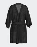 Maison Sarava black waffle knit kimono robe with wide sleeves and self-tie belt, featuring two side pockets.