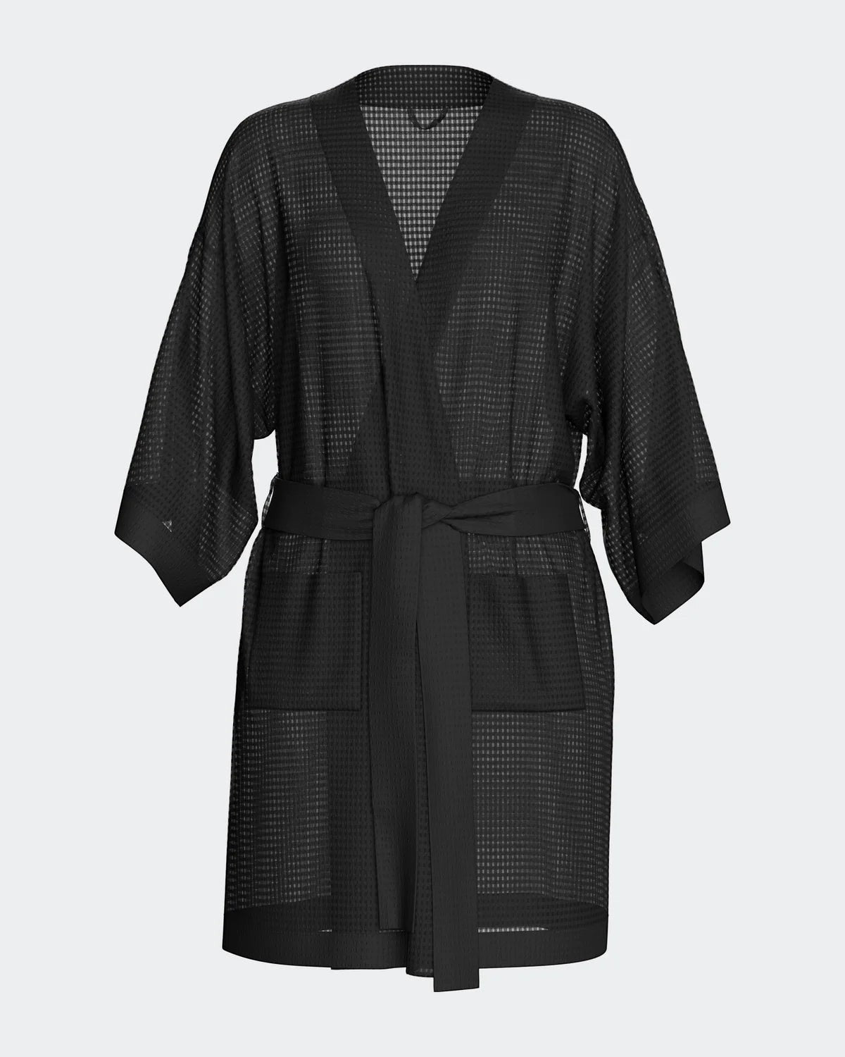 Maison Sarava black waffle knit kimono robe with wide sleeves, self-tie belt, and two side pockets.